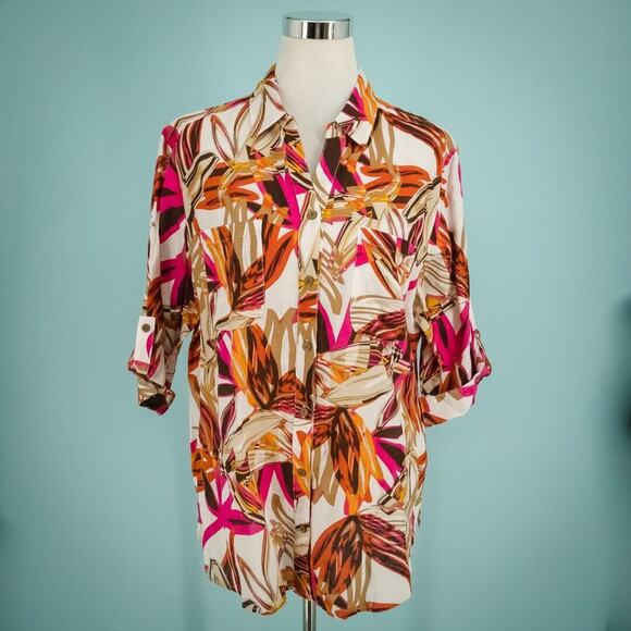Chico's 3 Size XL Fun Floral Ida Pink Tropical Floral Button Short Sleeve Top - Picture 1 of 7